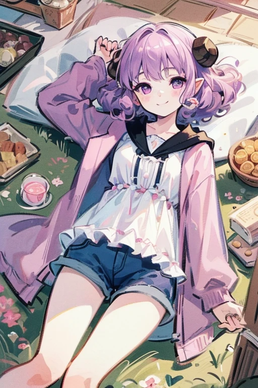 ((Masterpiece:1.5, Best Quality, High Resolution:1.3, Super Resolution, Super Detailed, Ultra Detailed:1.3, Perfect Anatomy:1.5, 1 girl) pale skin + short pink curly hair + purple eyes + long eyelashes + female figure, ( loose sleeping shorts and top, silk coat, ram horns, soft drooping ears) (( pretty eyes, lazy and smiling expression))