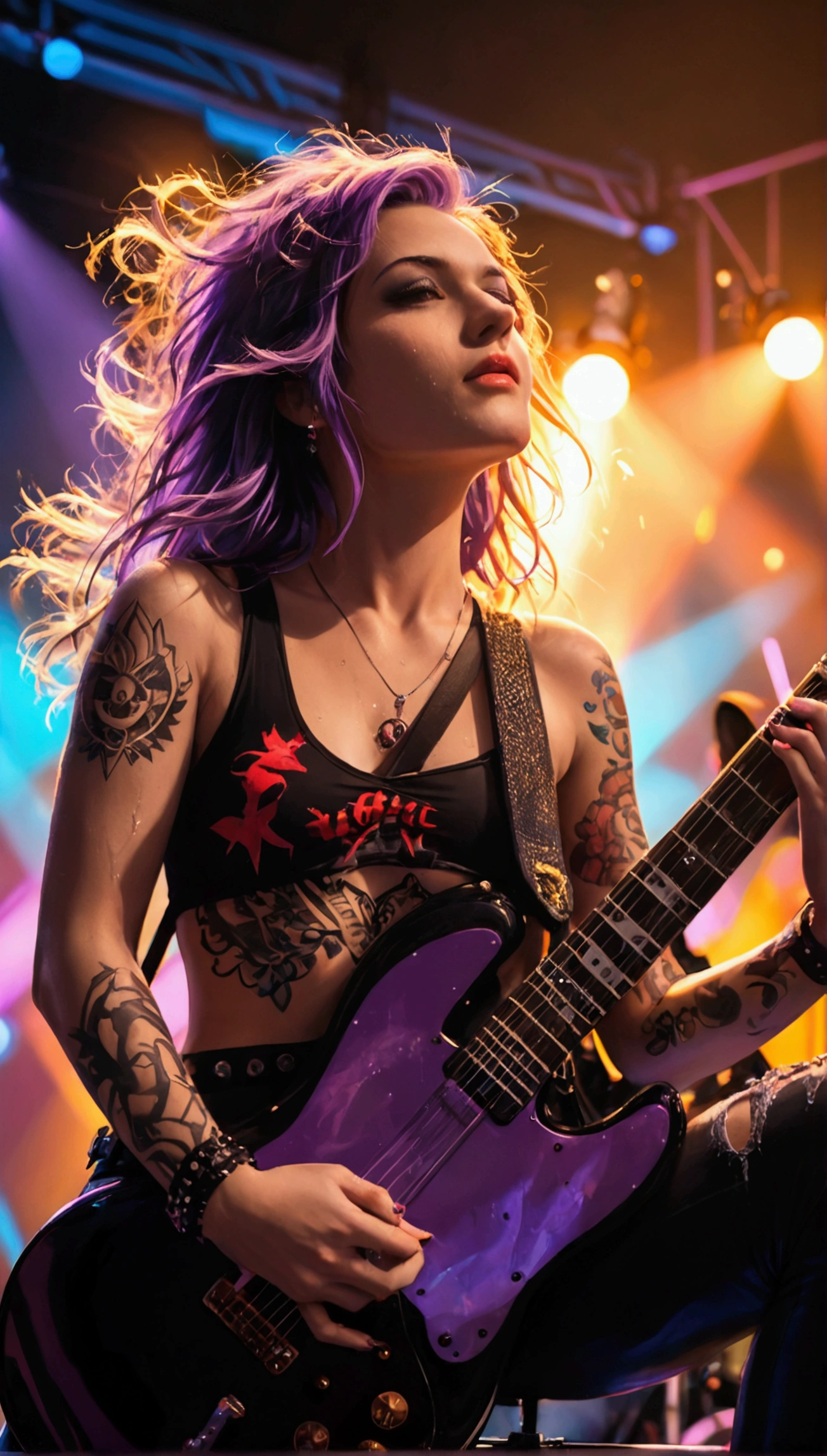 score_9,score_8_up,score_7_up, A photo-realistic, vibrant cinematic poster for a rock concert. In the foreground, a stunningly beautiful NAKED young woman drenched in sweat on an outdoor concert stage with long, flowing purple hair whipped arund by the wind, punk make-up, tattoos, and a ripped top, is performing an intense guitar solo on a purple Fender Stratocaster. She has an intense, sensual gaze directed at the camera. In the background, Marshall amplifiers and stage lights. Energetic vibe, with vibrant colours and a sense of motion.