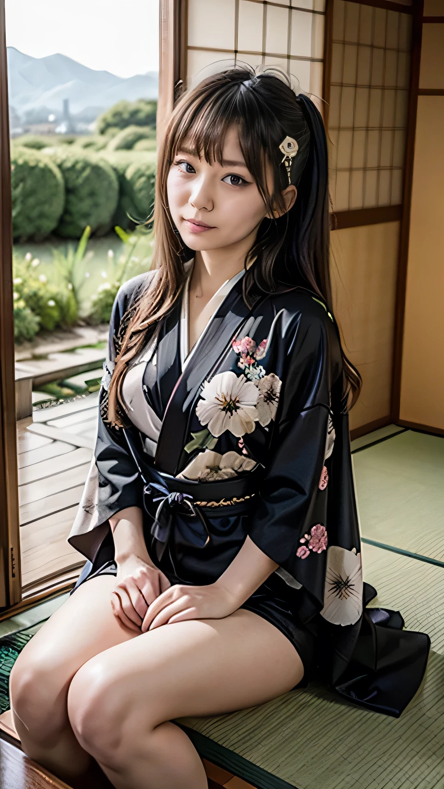 (Black kimono with white floral pattern:1.3、Miniskirt kimono)、(Sitting in a Japanese house、Girl&#39;s Room)、(Squint your eyes and laugh、A big smile)、(Realistic、As shown in the picture、Live Action、8k, Realistic, RAW Photos, Best image quality: 1.4), SLR camera、RAW Photos, Best Quality, Realistic, Highly detailed CG Unity 8K wallpaper, Written boundary depth, Cinematic Light, Lens Flare, Ray Tracing, Realistic background、((Brown inner color hair:1.1))、((White skin))、 ((whole body:1.5))、Long black hair、I like that style、stylish、Very detailed、Pay attention to the details、Perfect outfit、View from below