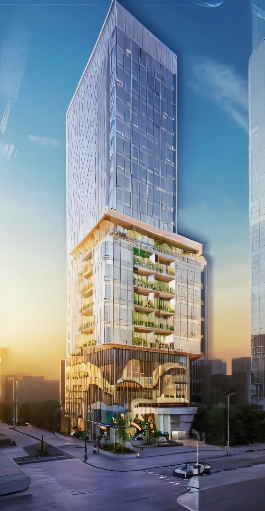 Create a realistic rendering of a modern building located in Da Nang, Viet Nam, where the TBD towers currently stand. The building features a commercial ground floor with shops, cafes, and restaurants, integrated into the urban environment. Above the commercial level, there are two distinct volumes: one is a tall, sleek hotel with a modern glass facade, tree, wood celling, and the other is a shorter, stepped residential building with an architectural design that emphasizes a cascading, terraced structure. The residential building has wide, green terraces and balconies, creating a more horizontal and lower profile compared to the hotel. Both volumes are connected by their contemporary style and attention to detail, fitting seamlessly into the coastal cityscapebuilding, city, no humans, outdoors, road, scenery