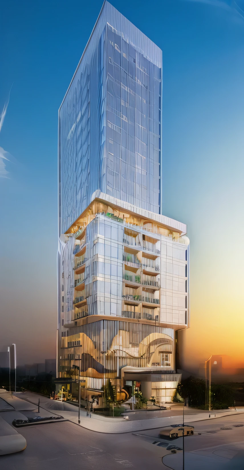 Create a realistic rendering of a modern building located in Da Nang, Viet Nam, where the TBD towers currently stand. The building features a commercial ground floor with shops, cafes, and restaurants, integrated into the urban environment. Above the commercial level, there are two distinct volumes: one is a tall, sleek hotel with a modern glass facade, tree, wood celling, and the other is a shorter, stepped residential building with an architectural design that emphasizes a cascading, terraced structure. The residential building has wide, green terraces and balconies, creating a more horizontal and lower profile compared to the hotel. Both volumes are connected by their contemporary style and attention to detail, fitting seamlessly into the coastal cityscapebuilding, city, no humans, outdoors, road, scenery