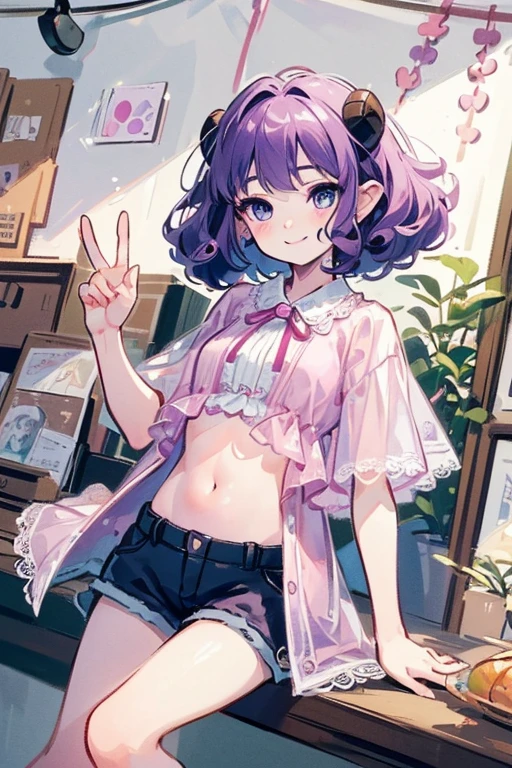 ((Masterpiece: 1.5, Best Quality, High Resolution: 1.3, Super Resolution, Super Detailed, Ultra Detailed: 1.3, Perfect Anatomy: 1.5, 1 girl) pale skin + short pink curly hair + purple eyes + long eyelashes + female figure, (silk shorts, silk short sleeve shirt, lace coat, ram horns, soft drooping ears, visible stomach skin, visible thighs) ((beautiful eyes, lazy and smiling expression))