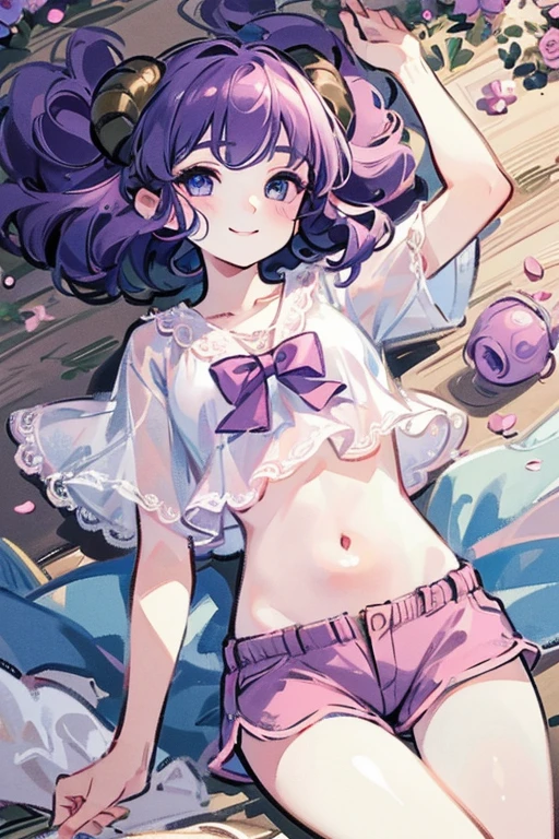 ((Masterpiece: 1.5, Best Quality, High Resolution: 1.3, Super Resolution, Super Detailed, Ultra Detailed: 1.3, Perfect Anatomy: 1.5, 1 girl) pale skin + short pink curly hair + purple eyes + long eyelashes + female figure, (silk shorts, silk short sleeve shirt, lace coat, ram horns, soft drooping ears, visible stomach skin, visible thighs) ((beautiful eyes, lazy and smiling expression))