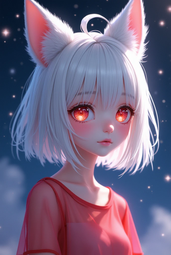 1 Girl, Medium Tits, Starry Eyes, (8k, RAW Photo, High Sensitivity, Best Quality, Masterpiece, Ultra High Resolution, Realism: 1.25), Blush, (Very Detailed CG Unity 8k Wallpaper, Best Quality, High Resolution: 1.2), (ultra_detailed, UHD: 1.2), Perfect Lighting, Unique, (1 Girl: 1.4), (Pretty Girl: 1.2), Unreal Engine, Side Light, White Hair, Fox Ears, Purple Eyes, Perfect Face, Detailed Face, Perfect Body, Beautiful Eyes, Beautiful Face, (Bright Skin: 1.4), Idol, (Full Body), Red T-shirt, Transparent,