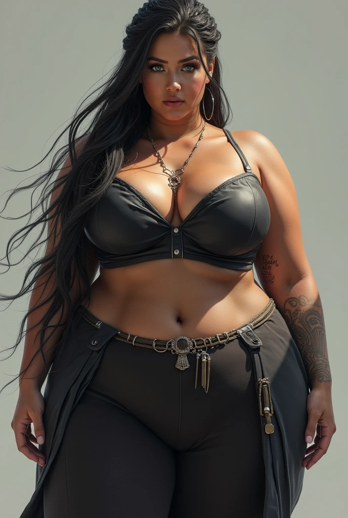Physical Characteristics: breasts big + chubby quads + Plump thighs + yoga muscular back + Waist slender + chubby belly + long black hair + eyes browns, badass clothing: wearing a short black pullover that is cut short at the abdomen, revealing part of the abdomen + Grey pencil skirt + black stocking + white hairband + black belt at the waist
