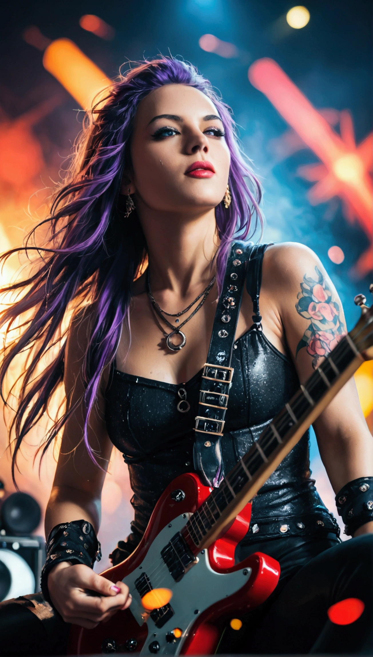 score_9,score_8_up,score_7_up, A photo-realistic, vibrant cinematic poster for a rock concert. In the foreground, a stunningly beautiful NAKED young woman drenched in sweat on an outdoor concert stage with long, flowing purple hair whipped arund by the wind, punk make-up, tattoos, and a ripped top, is performing an intense guitar solo on a purple Fender Stratocaster. She has an intense, sensual gaze directed at the camera. In the background, Marshall amplifiers and stage lights. Energetic vibe, with vibrant colours and a sense of motion.