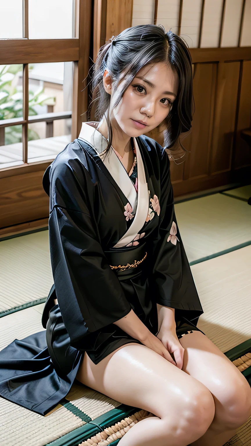 (Black kimono with white floral pattern:1.3、Miniskirt kimono)、(Sitting in a Japanese house、Girl&#39;s Room)、(Squint your eyes and laugh、A big smile)、(Realistic、As shown in the picture、Live Action、8k, Realistic, RAW Photos, Best image quality: 1.4), SLR camera、RAW Photos, Best Quality, Realistic, Highly detailed CG Unity 8K wallpaper, Written boundary depth, Cinematic Light, Lens Flare, Ray Tracing, Realistic background、((White skin))、 ((whole body:1.5))、(Long black hair、Put your hair up)、I like that style、stylish、Very detailed、Pay attention to the details、Perfect outfit、View from below