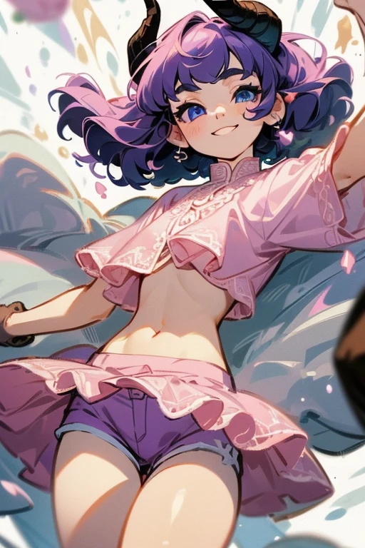 ((Masterpiece: 1.5, Best Quality, High Resolution: 1.3, Super Resolution, Super Detailed, Ultra Detailed: 1.3, Perfect Anatomy: 1.5, 1 girl) pale skin + short pink curly hair + purple eyes + long eyelashes + female figure, (silk shorts, short silk spinning shirt, lace coat, ram horns, soft sheep drooping ears, visible stomach fur, visible thighs) ((beautiful eyes, lazy and smiling expression))