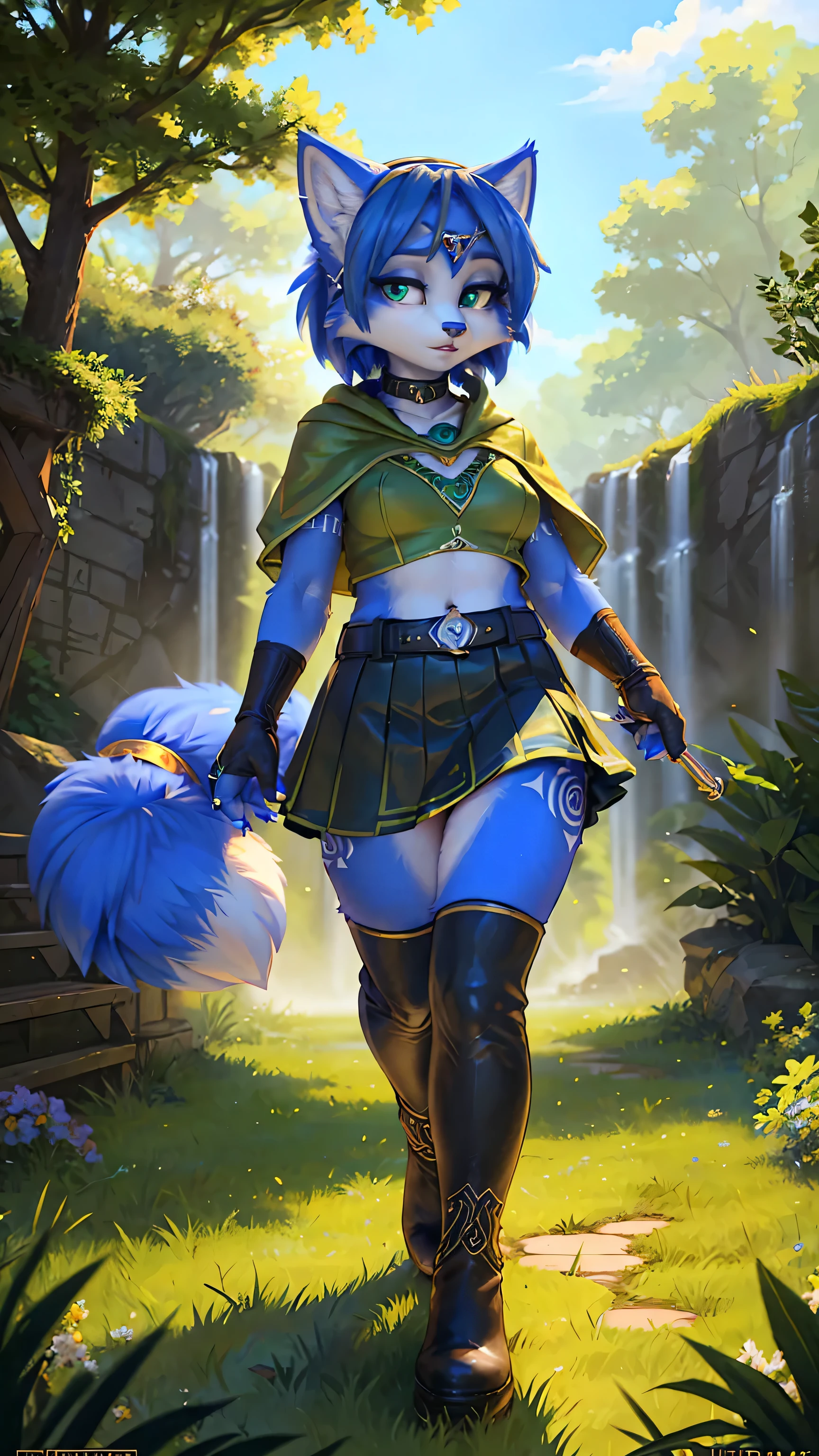 a picture of ((krystal)), Star Fox Krystal, lovable, green eyes, medium breasts, (((Long blue hair 1.3))), Decollete, anthro, furry, Uploaded E621, detailed fluffys fell, (von Fluff-Kevlar, Bayard Wu, Pino Daeni), detailed face, (fluffy), 1 girl, alone, sweet girl, (((rating_safe))),, solo, 1girl, linkle, parted lips, looking at viewer, twin braids, green capelet, hood, leather gloves, skirt, thigh boots, choker, belt, outdoors, grass