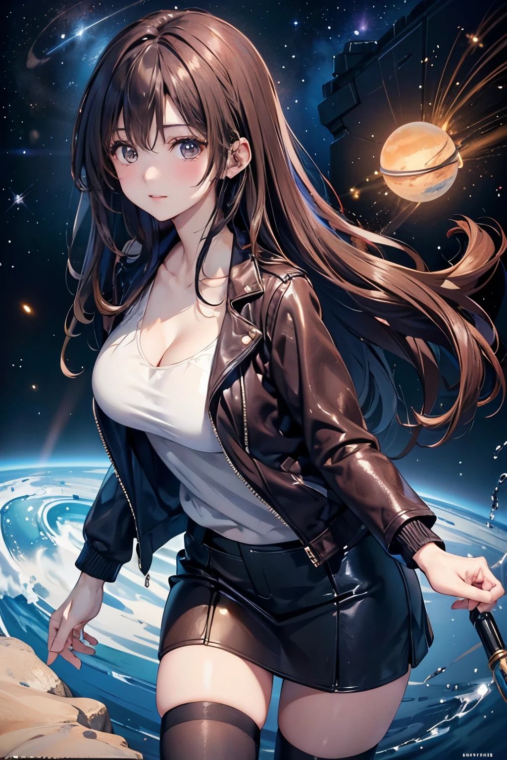 One beautiful person、Cute woman。Detailed drawing of faces。２０Early 20s。Dark brown hair。She is wearing a brown leather jacket。Behind her is an image of outer space with a blue, Earth-like planet floating in it.。Masterpiece。