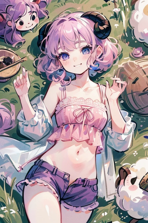 ((Masterpiece: 1.5, Best Quality, High Resolution: 1.3, Super Resolution, Super Detailed, Ultra Detailed: 1.3, Perfect Anatomy: 1.5, 1 girl) pale skin + short pink curly hair + purple eyes + long eyelashes + female figure, (silk shorts, short silk spinning shirt, lace coat, ram horns, soft sheep drooping ears, visible stomach fur, visible thighs) ((beautiful eyes, lazy and smiling expression))