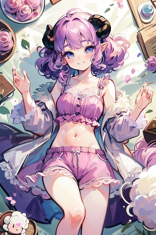 ((Masterpiece: 1.5, Best Quality, High Resolution: 1.3, Super Resolution, Super Detailed, Ultra Detailed: 1.3, Perfect Anatomy: 1.5, 1 girl) pale skin + short pink curly hair + purple eyes + long eyelashes + female figure, (silk shorts, short silk spinning shirt, lace coat, ram horns, soft sheep drooping ears, visible stomach fur, visible thighs) ((beautiful eyes, lazy and smiling expression))