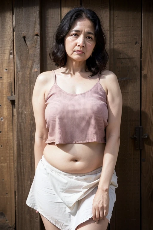 Indian village 60 year old grandma wearing a loose cotton sleeveless top and a loose village cotton short wavy skirt.Blush,Parted Lips,slender,curvy and slightly chubby belly ,Navel exposed,Black hair, wrinkles on face, biting nail , shy face