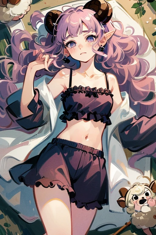 ((Masterpiece: 1.5, Best Quality, High Resolution: 1.3, Super Resolution, Super Detailed, Ultra Detailed: 1.3, Perfect Anatomy: 1.5, 1 girl) pale skin + short pink curly hair + purple eyes + long eyelashes + female figure, (silk shorts, short silk spinning shirt, lace coat, ram horns, soft sheep drooping ears, visible stomach fur, visible thighs) ((beautiful eyes, lazy expression))