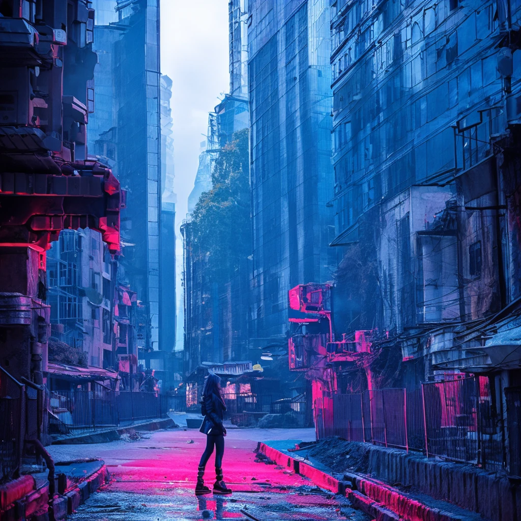 A girl ，and partners, In the city of doom, Ruined city in blue and red tones, Desperate search，Human base