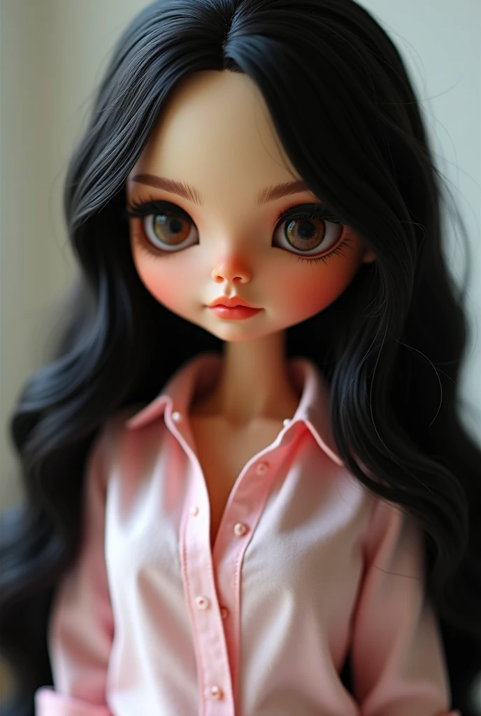 Blythe doll with brown skin, Dark brown eyes, dark brown hair with purple at the ends, fringe, pink lips, small nose and pink shirt