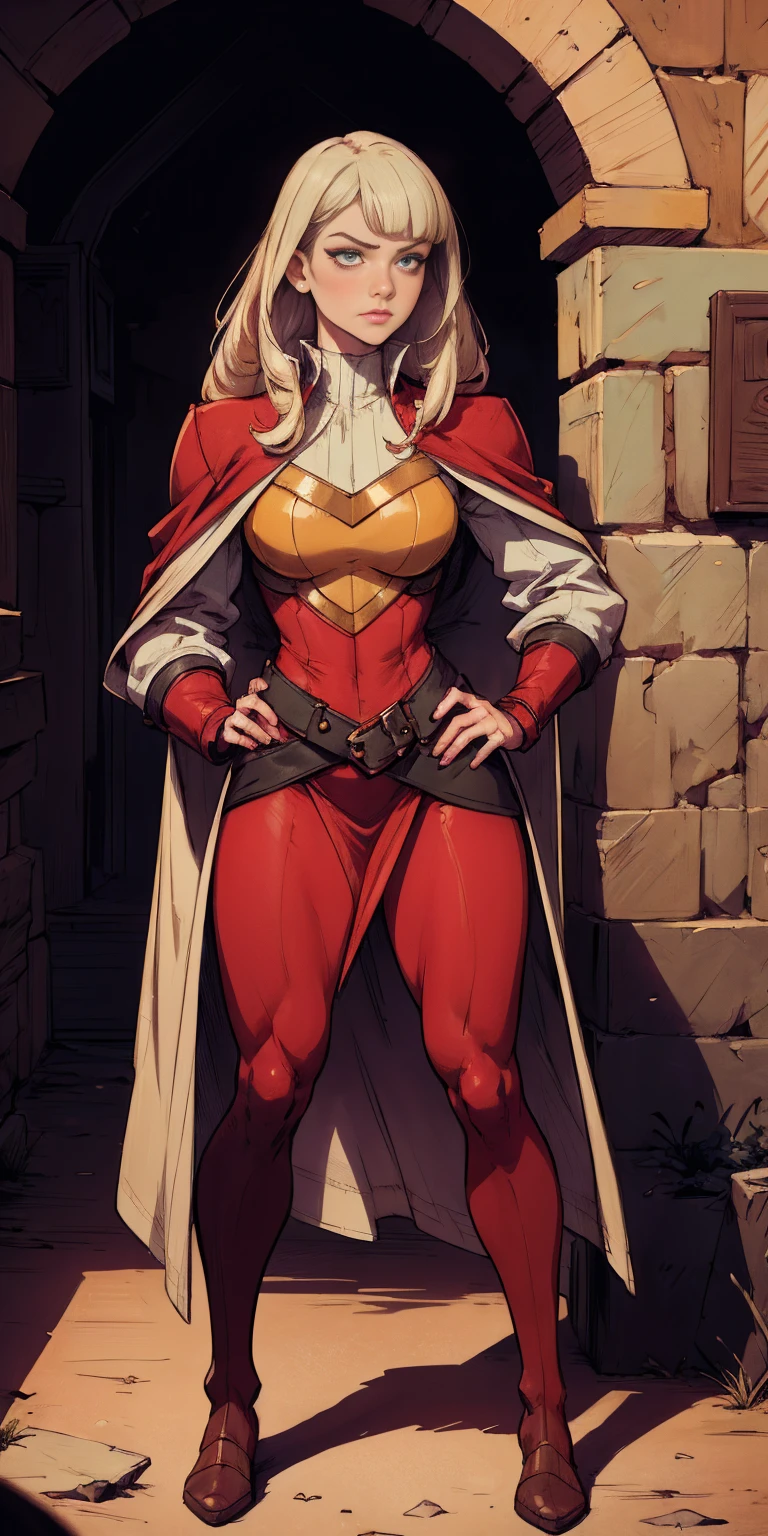 blond hair, sexy hair, muscle girl huge breast, revealing cloths, darkskinned-female, makeup, red lips, bimbo, angel, cupidon, long dress, walking, angel wings, pants, , flip flops, smile, medieval village