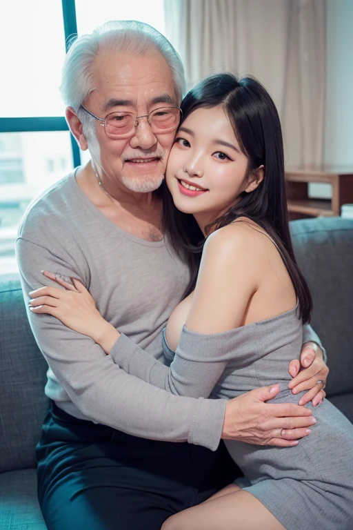 70 years old korean ugly man and 20 years old korean girl couple, girl is brightly smile, big breasts, (girl wearing grey off-the-shoulder tight dress), (70 years old man business suit), in the dark karaoke, girl sitting on the sofa and laughing, (((70 years old korean man hugging young girl))), focus on old man,
