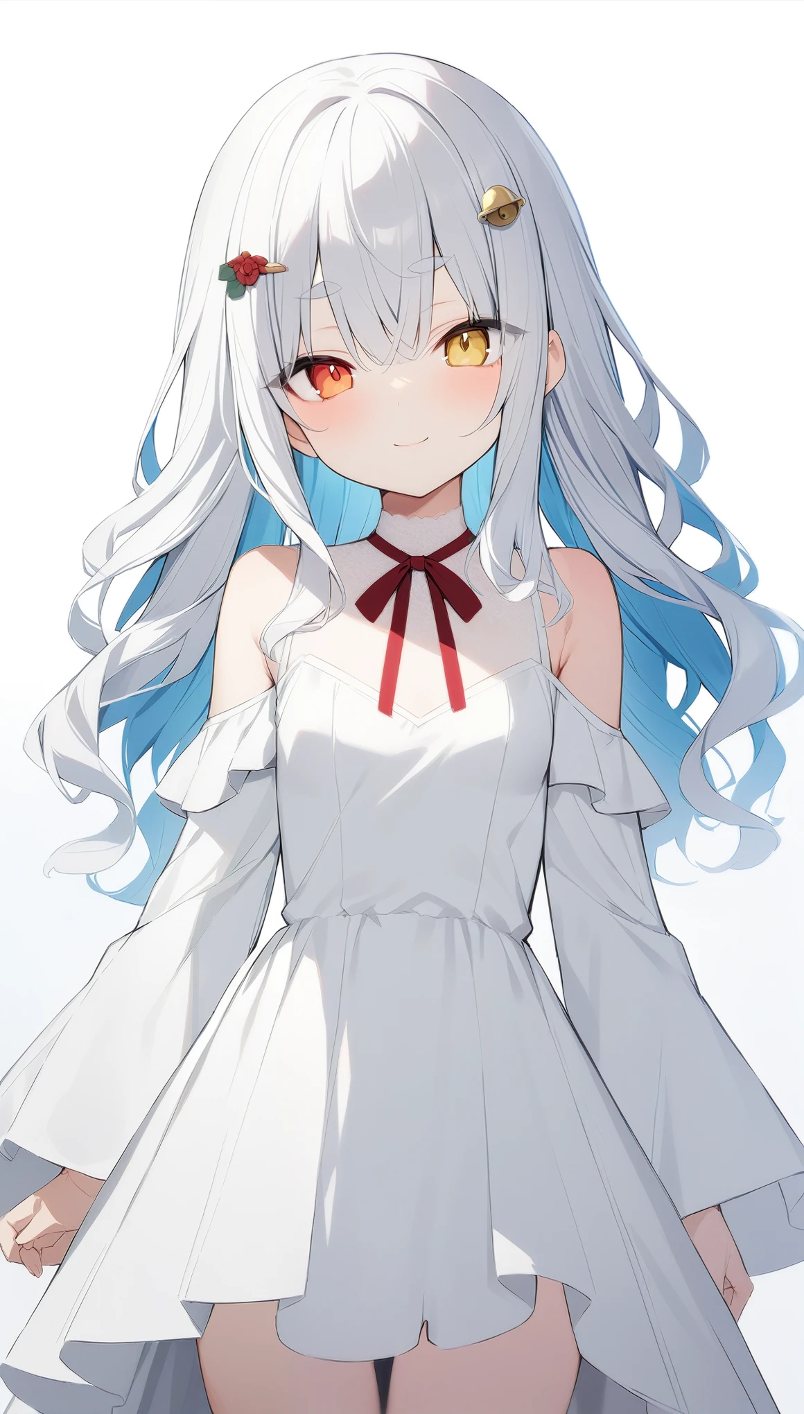 (masterpiece:1.2, Highest quality),(anime), ,Red eyes,Smiling with mouth closed,Glowing silver hair,Light blue hair,Cropped bangs,Bangs,Long Hair,White tight dress,Small breasts,Moody,Black Stockings,Are standing,Europe