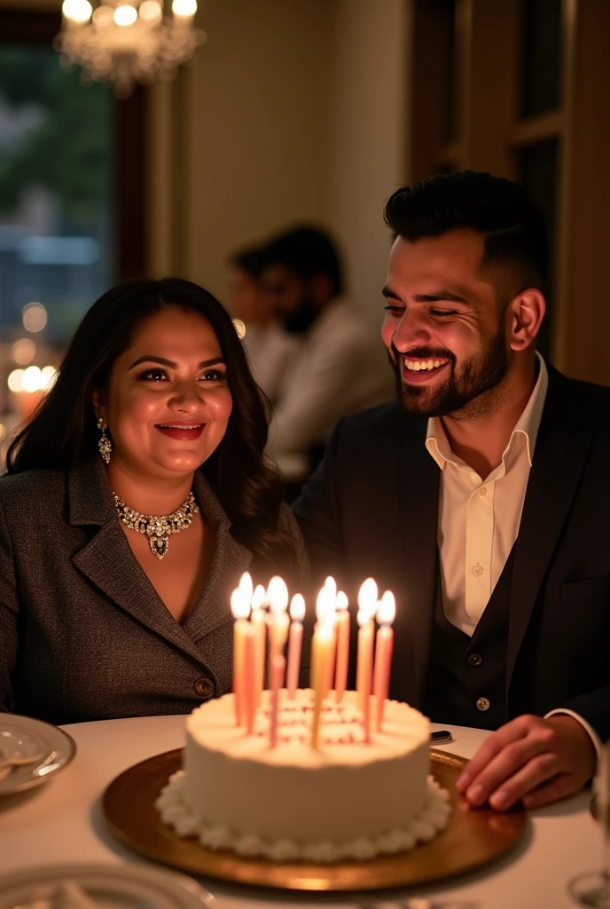 dinner celebrating the 49th birthday of an Indonesian woman and a man, In front of them was a birthday cake with candles numbering 49.. They are both dressed in luxury. The woman wears a diamond necklace with a cross on the end.. The man holds a birthday present to be given to the woman.. Photo realistic image quality. UHD image.