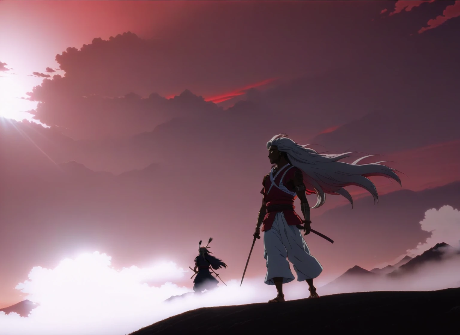 Animation scene of a long-haired man walking on the mountain，The background is a red sky, Screenshot from the guro anime, 2012 年Animation screenshots, Animated movie screenshots, African warrior anime style, Anime Movie Screenshots, Animation screenshots, Anime Stills, African warrior anime style, Today's selection of animation stills, YouTube video screenshot Otsutsuki Momoshiki