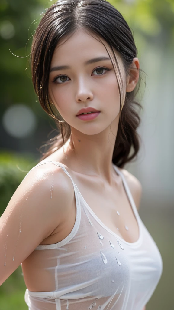 (from side), small breasts, sideboob, (flat chest), (drooling), (wet), (expressionless), (tears), looking_at_viewer, 10 years old fashion trendy beautiful beautiful beautiful girl, gentle and attractive Chinese beautiful girl, 10 years old, delicate and sexy collarbone, Attractive oval face, double eyelids, smart peach blossom eyes, pink lips, small nose, bare shoulders, focus on the face, chest close-up, ultra high definition, super detail, fresh and impressive