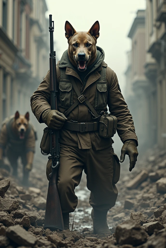 A photo of a dog-man hybrid as a soldier of a civil war, 8K