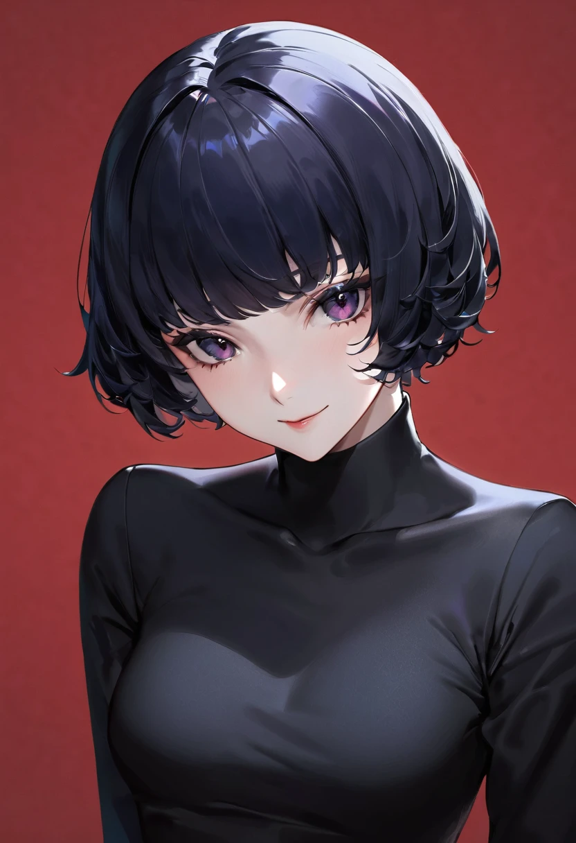 (masterpiece, best quality),A girl cosplaying as Phantom Thief, (white Phantom mask, red gloves, gray kevlar vest, black swallowtail coat, black tight slacks and boots),costume from persona5,slender,stylish,red background, BREAK (****,detailed face,(darkblue hair, wavy-short hair),middle small breasts),nihilistic smile,