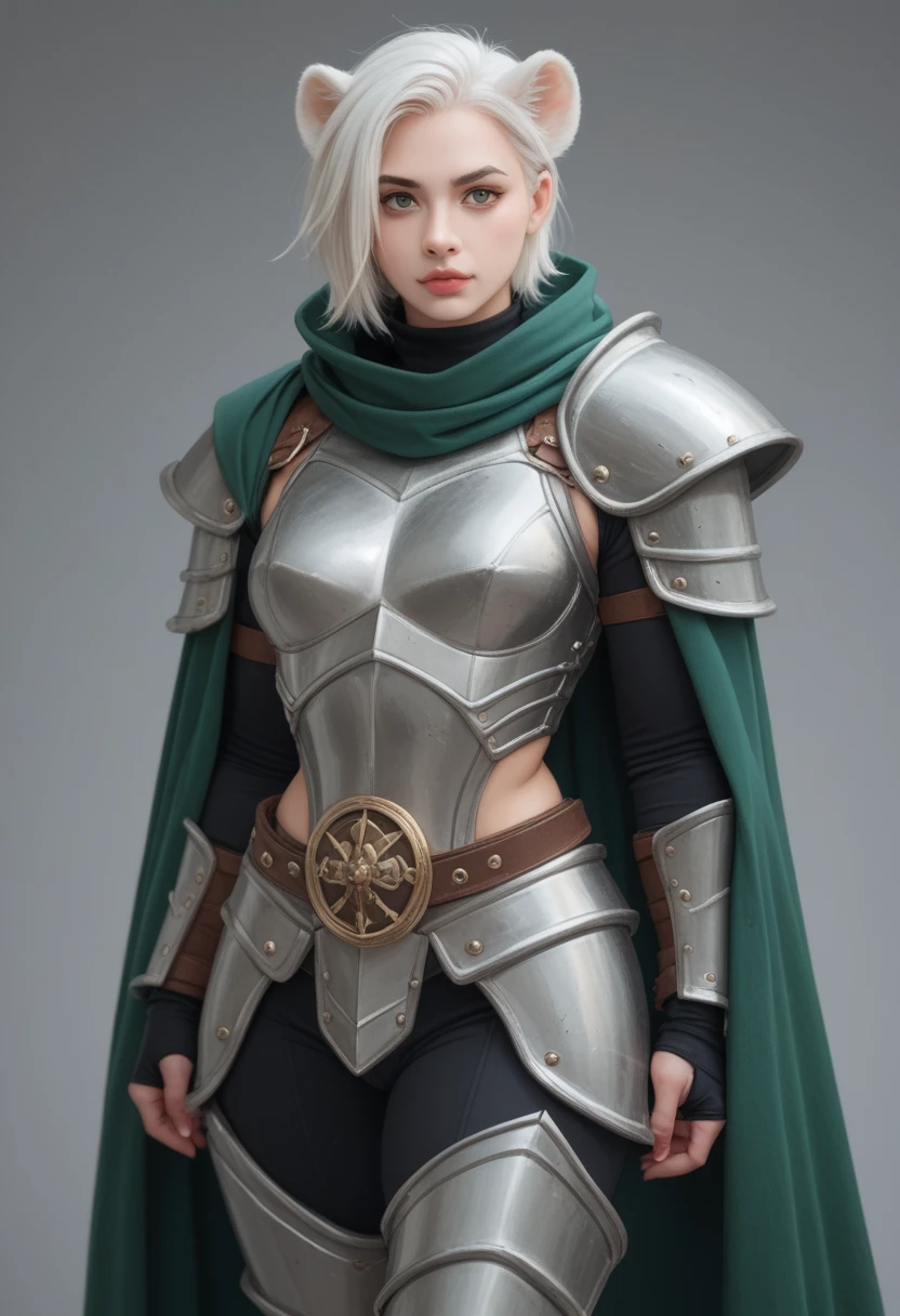 Anthropomorphic muscular hyena woman wearing leather armor and a light green cape and short white hair striking dominant poses