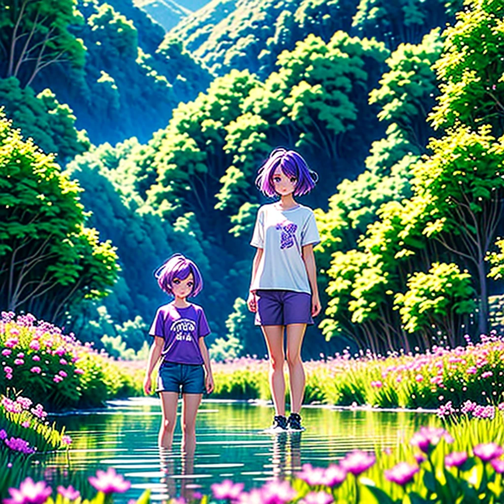 A beautiful girl with short purple hair, purple eyes, wearing a light brown T-shirt and shorts, standing in a stream. Behind her is a field of flowers, a large forest and mountains.