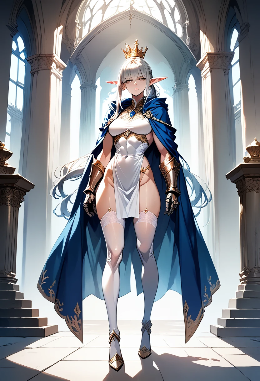 extremely long hair, ponytail, perfect anatomy 1 girl tall solo, slim thick ((muscular)) high elf full body toe to head toned body, silver breast plate, blue cape, slendered abs, hourglass waist, detailed face, defined cheekbones, puffy lips, gauntlets, gold crown, shadow over eyes, looking at viewer, masterpiece, white thigh highs lingerie, high heels