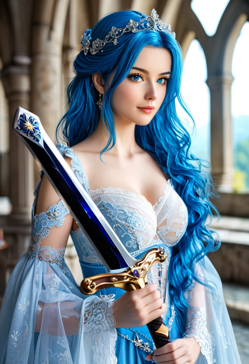 20 years old young girl with blue and white hair , long flowing blue hair, very long wavy azure blue hair, long blue hair, beautiful woman with blue hair, flowing blue hair, beautiful blue haired girl, pretty girl with blue hair, long azure blue hair, blue long hair, very long blue hair, girl with blue hair, blue hairstyle,, tall,height 180 cm, weight 45 kg, beautiful, athletic figure, medium round breasts , green eyes,(best quality, 4k, 8k, high definition), ultra detail, detailed face and facial features, beautiful detailed eyes, beautiful detailed lips, extremely detailed eyes and face, long eyelashes, graceful triangular face, classic lip shape, small graceful nose, super realistic
She is dressed in a fierce, anime-inspired outfit—a red and black dragon warrior costume with a dragon-scale pattern on the bodysuit. The costume features a deep V-neck and is adorned with gold accents. She wears black thigh-high boots with red flames at the top, and a golden dragon sword is strapped to her back.
She poses with her sword raised high, her body slightly turned to show off her athletic figure. The morning light gleams off her outfit, with the oak tree and distant mountains creating a powerful, dynamic scene.