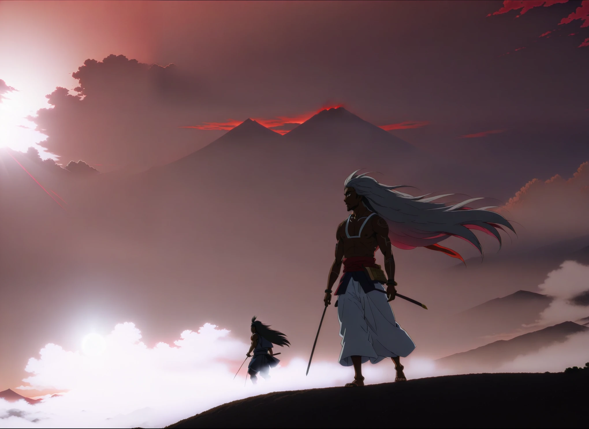 Animation scene of a long-haired man walking on the mountain，The background is a red sky, Screenshot from the guro anime, 2012 年Animation screenshots, Animated movie screenshots, African warrior anime style, Anime Movie Screenshots, Animation screenshots, Anime Stills, African warrior anime style, Today's selection of animation stills, YouTube video screenshot Otsutsuki Momoshiki