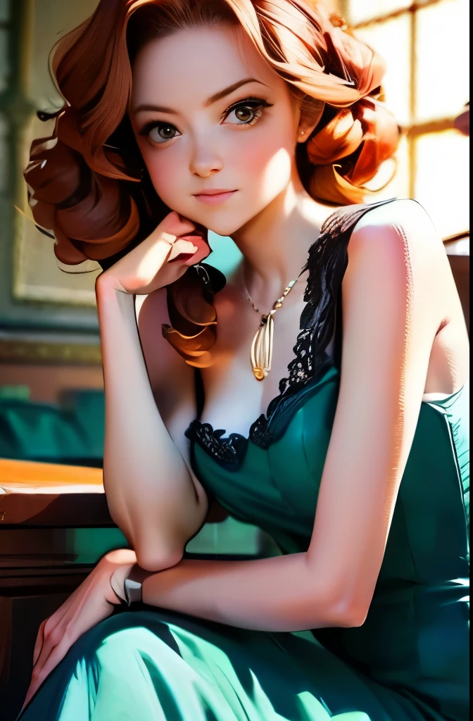 Chestnut woman + big, intense brown almond-shaped eyes + short straight hair   + Fitted green dress + Brazilian 