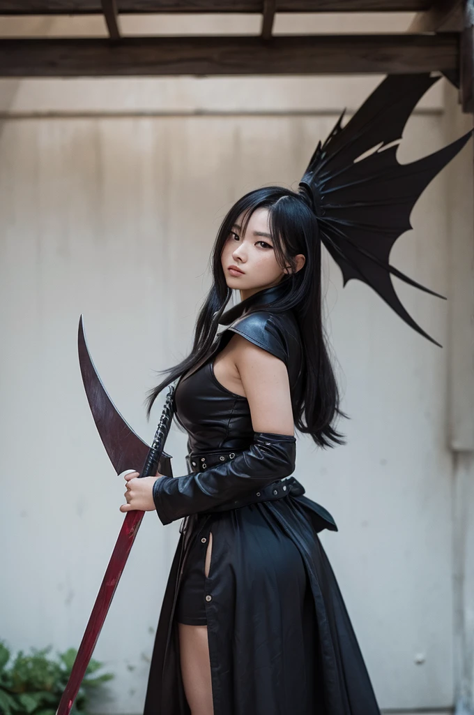 (masterpiece,top-quality,超A high resolution),A Japanese Lady, (((Very beautiful girl))), Kawaii Girl、View photographer、Front view, ((Bob Hair)), hyper cute face, Glossy lips, Double eyelids in both eyes, Natural makeup, long eyelashes, shiny and smooth hair, central image, Perfect limbs, Perfect Anatomy、(((Black leather sailor suit、Black Leather Pleated Skirt、Navel))),(((Black Leather Knee High Boots))), (((Very beautiful 16 year old(White hair)))、(((Giant Devil Horn)))、(((Black giant dragon wings))、(((Sky background、clouds)))、(((Holding a sword)))