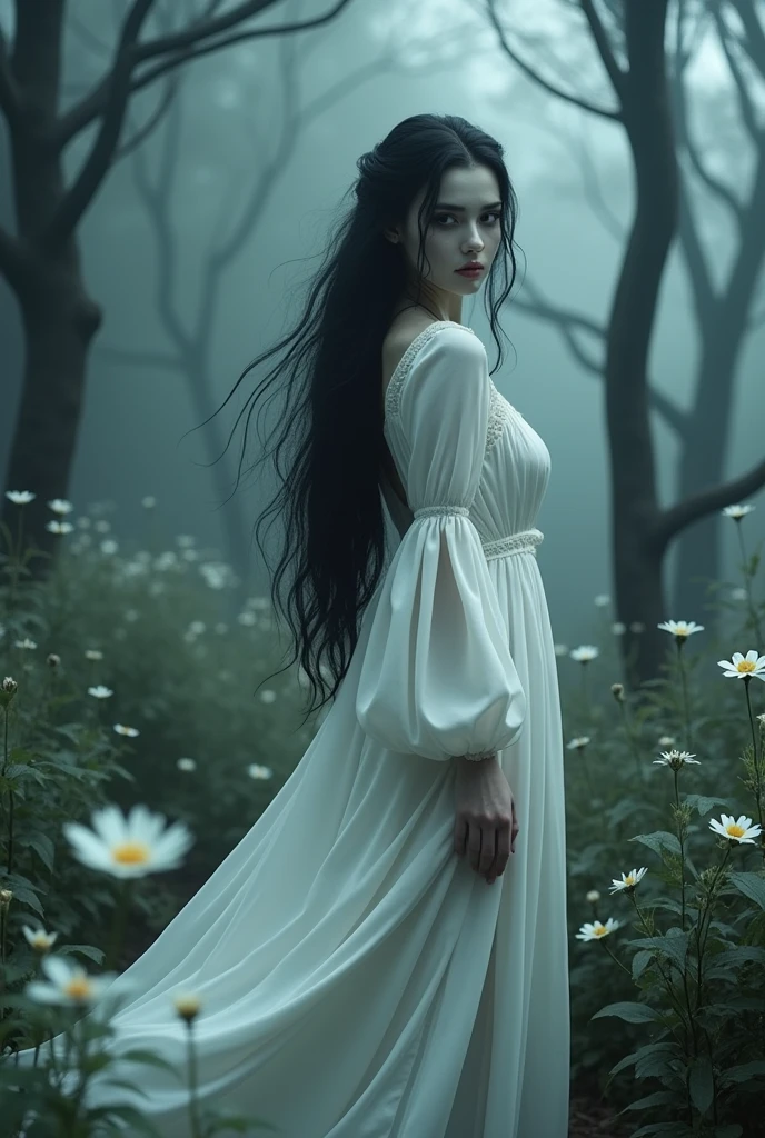 Photorealism 1.2 high definition women full white dress filthy dress long hair hanging at dead tree with hooks on shoulder smoke effect ugly scariest face blood Asian rain forest background dusk effect