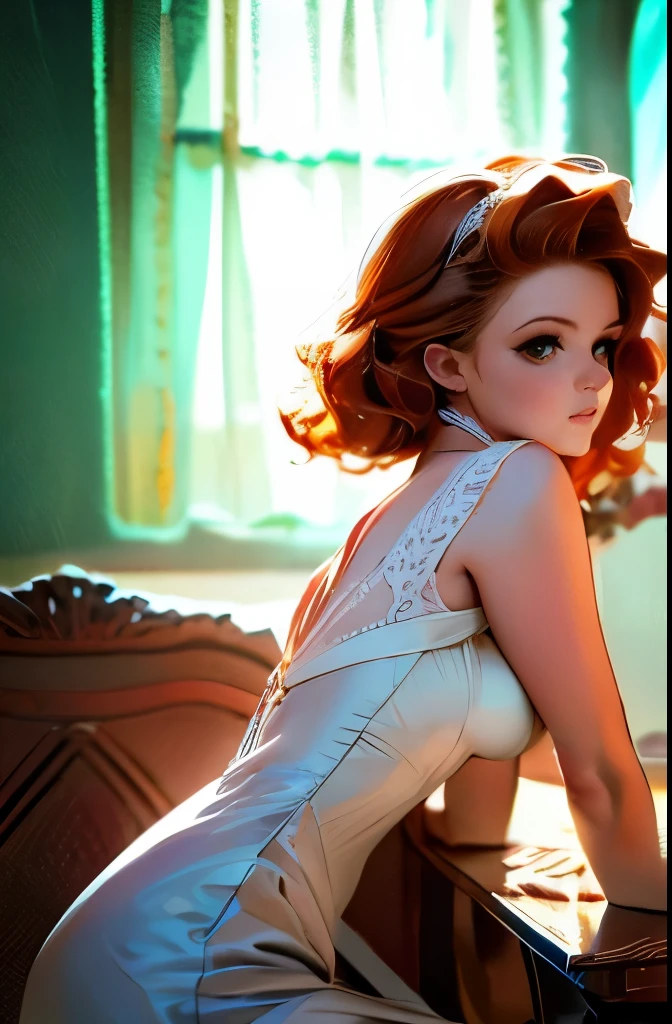 Vintage style, medium-length curly hair, elegant lace dress, intricate details, sleeveless, relaxed pose, sitting, looking downward, smooth fair skin, indoor setting, wooden panel background, soft lighting, classic and nostalgic atmosphere, front view, close-up focus, well-balanced exposure.