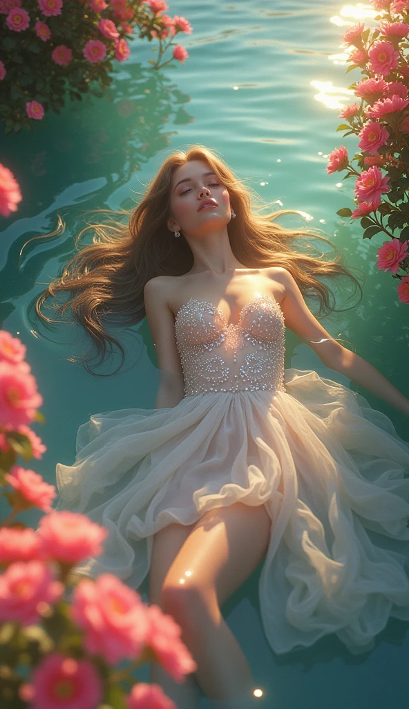 a gorgeous woman glide over a surface speckled with blossoms, water ripples forming a surreal mosaic, reflecting shards mimic a glass shimmer, ethereal shield radiates with a myriad of scales that gleam with iridescence, their sheen evoking molecular intricacies, an allure that infuses the aquatic milieu with a holy essence, beams and coronal lights amplify chromatic brilliance