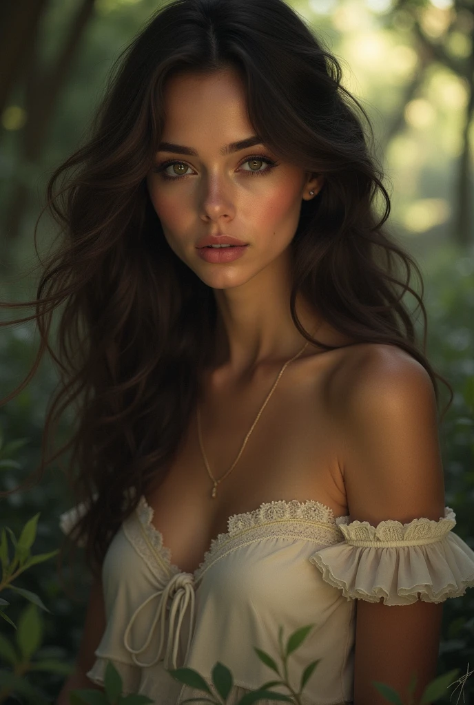 A brunette girl with curly hair and big breasts sits with her legs stretched out, taking a realistic photo