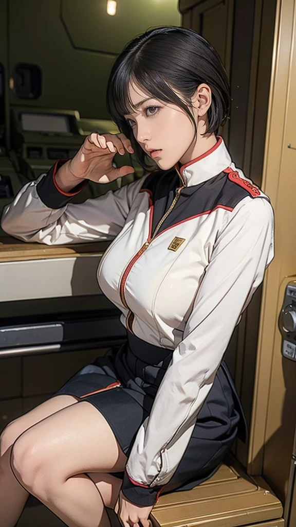 、Earth Federation Operator Girl Soldier、Black short hair、Large Breasts、Idol-level cuteness、Childish face and appearance、Operator intercom mounted on head、Accurately drawn faces、thin、Earth Federation Army in a healthy knee-length skirt style、Knee-length、Inside the bridge of a battleship、Low angle shot、Anatomically correct、Accurate Fingers、Accurate Rimbuster Piece、Photorealization
