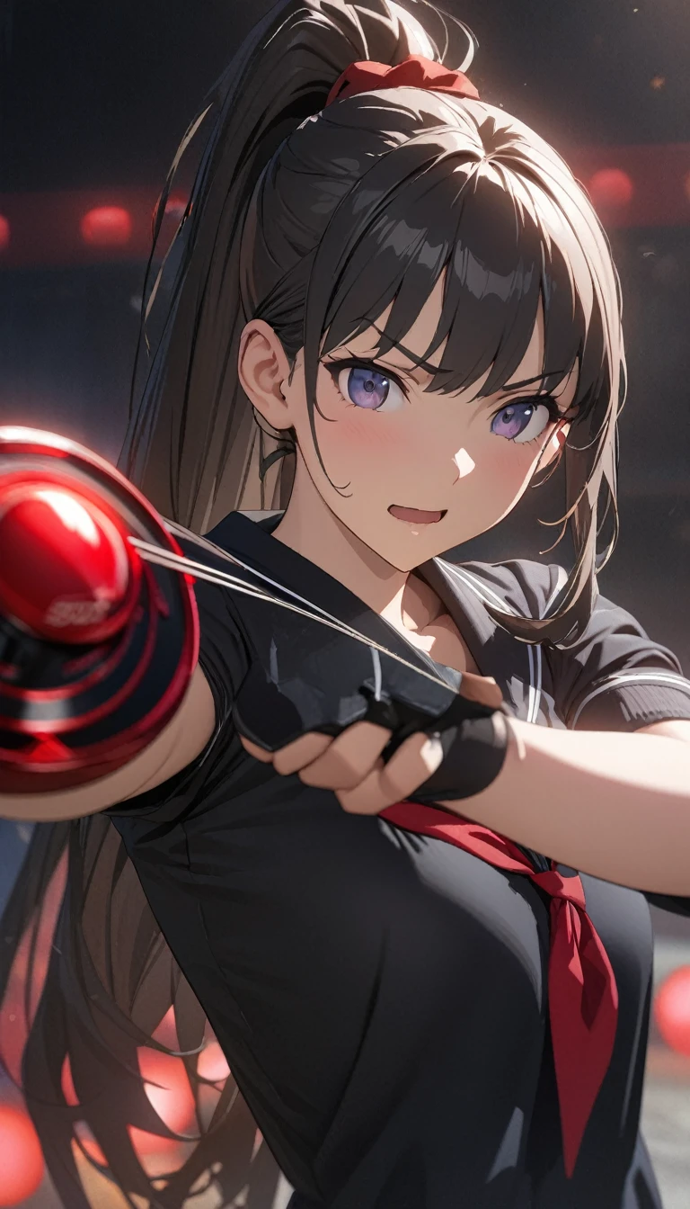 1 girl, solo, Mutsuki from Kancolle, katana, fighting stance, sword strike, confident expression, sparkling eyes, masterpiece, best quality, full body, sweaty, black transparent wet tank top, wet clothes, no bra, small breasts, midriff, black and red shorts brown hair with red highlights, tall, short hair, hair between eyes, red eyes, standing,