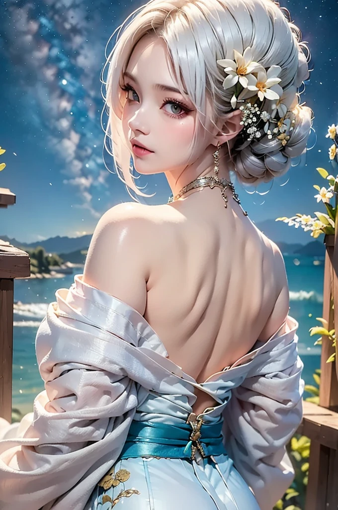 masterpiece, best quality, highly detailed, 1girl, white hair, off shoulder, off shoulder kimono,  Matte texture. look up at the night sky. from back side