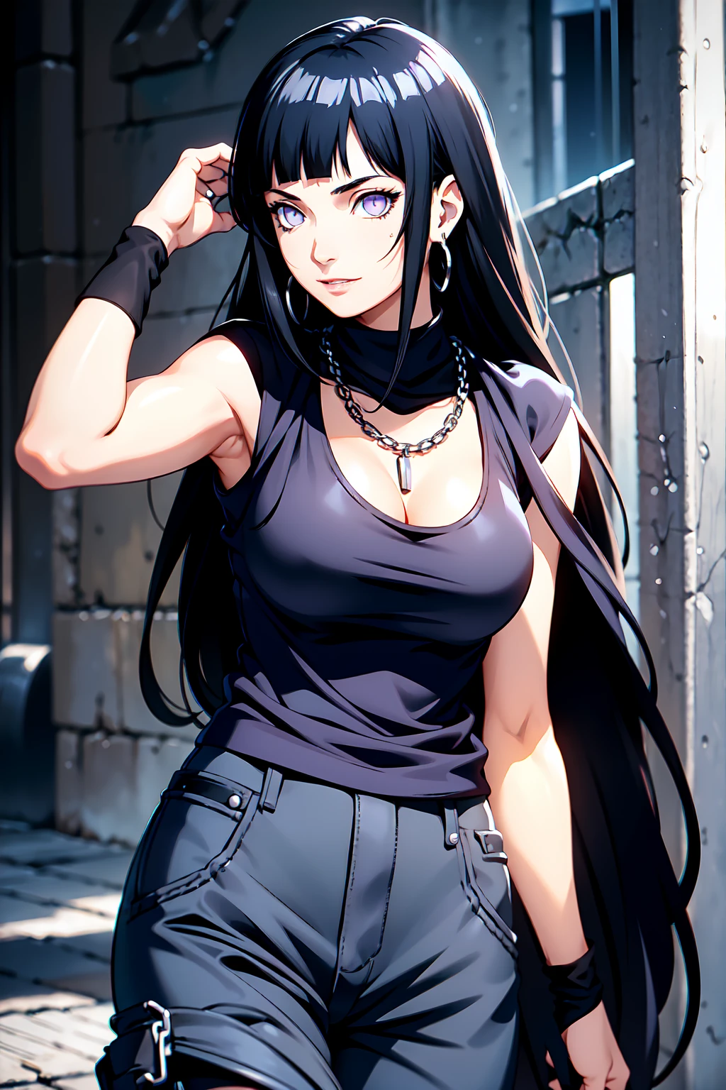 masterpiece, best quality, acTifa, black tank top, zipper, black shorts, long black skirt, black gloves, dystopian city, city street, car, looking at viewer, cowboy shot, serious expression <lora:tifa-nvwls-v1-000008:0.9>