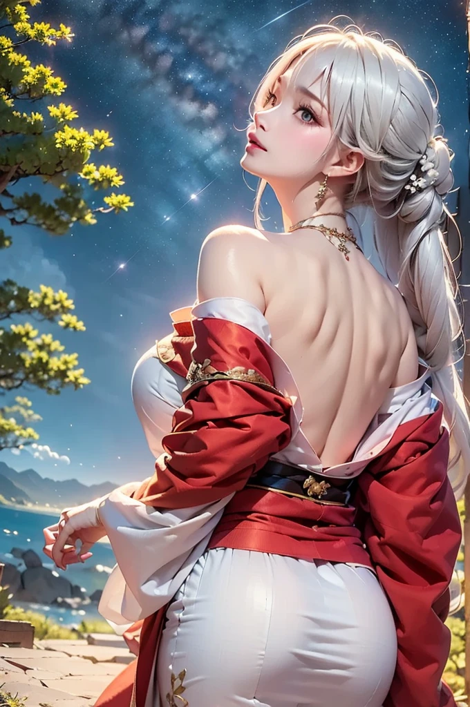 masterpiece, best quality, highly detailed, 1girl, white hair, off shoulder, off shoulder kimono, Matte texture. look up at the night sky. from back side. nape
