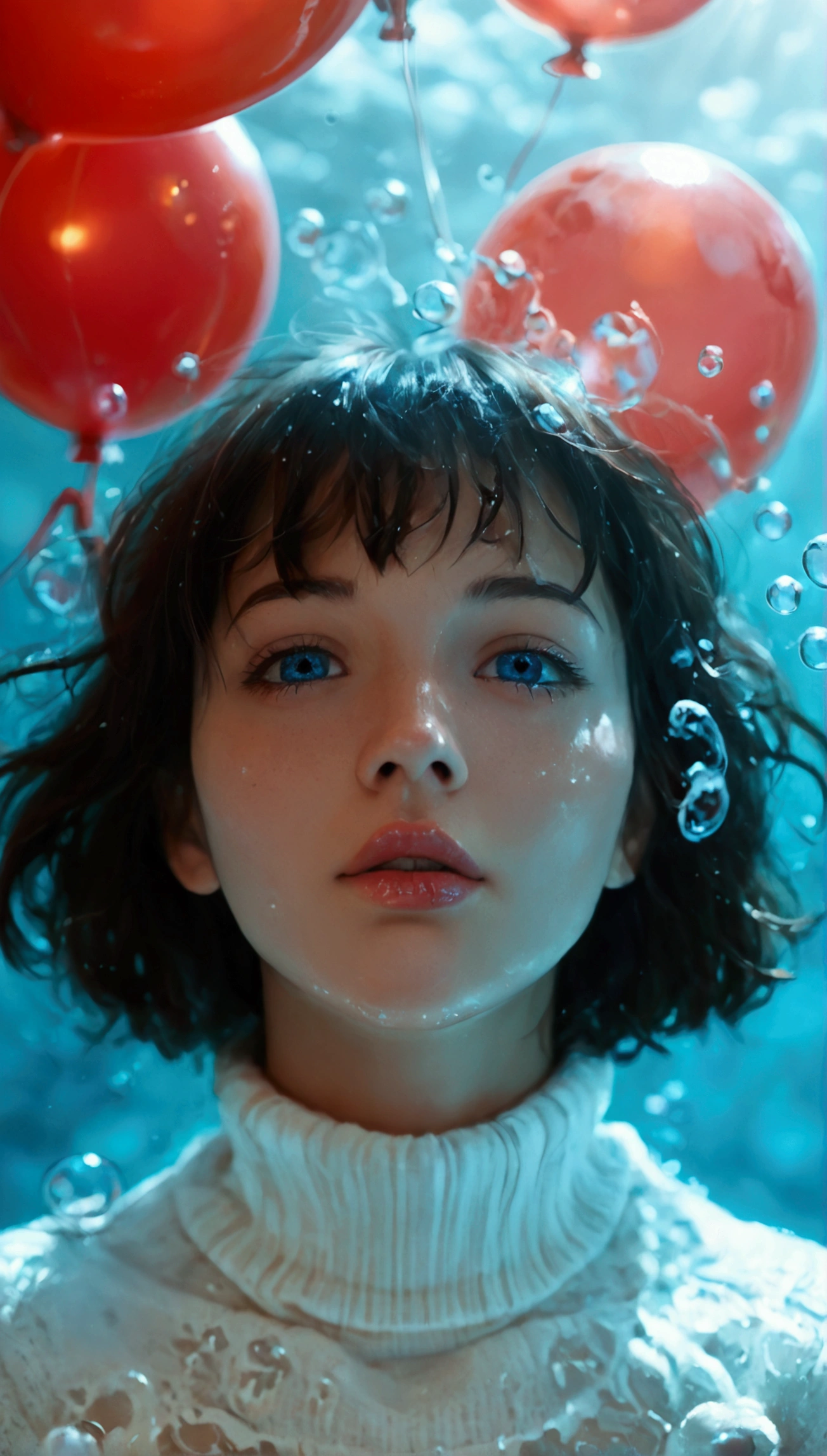 core_9, score_8_up, score_7_up, 1girl, solo, looking at viewer, short hair, blue eyes, brown hair, black hair, collarbones, parted lips, water, lips, white sweater, sunlight, bubbles, underwater, ((small bubbles)), red balloons, high quality, 8k, hyperrealistic, cinematic lighting, photorealistic, masterpiece, exquisite details, intricate details, vibrant colors, natural skin tones, beautiful portrait, elegant pose, translucent water, floating bubbles, striking atmosphere, dreamlike ambience