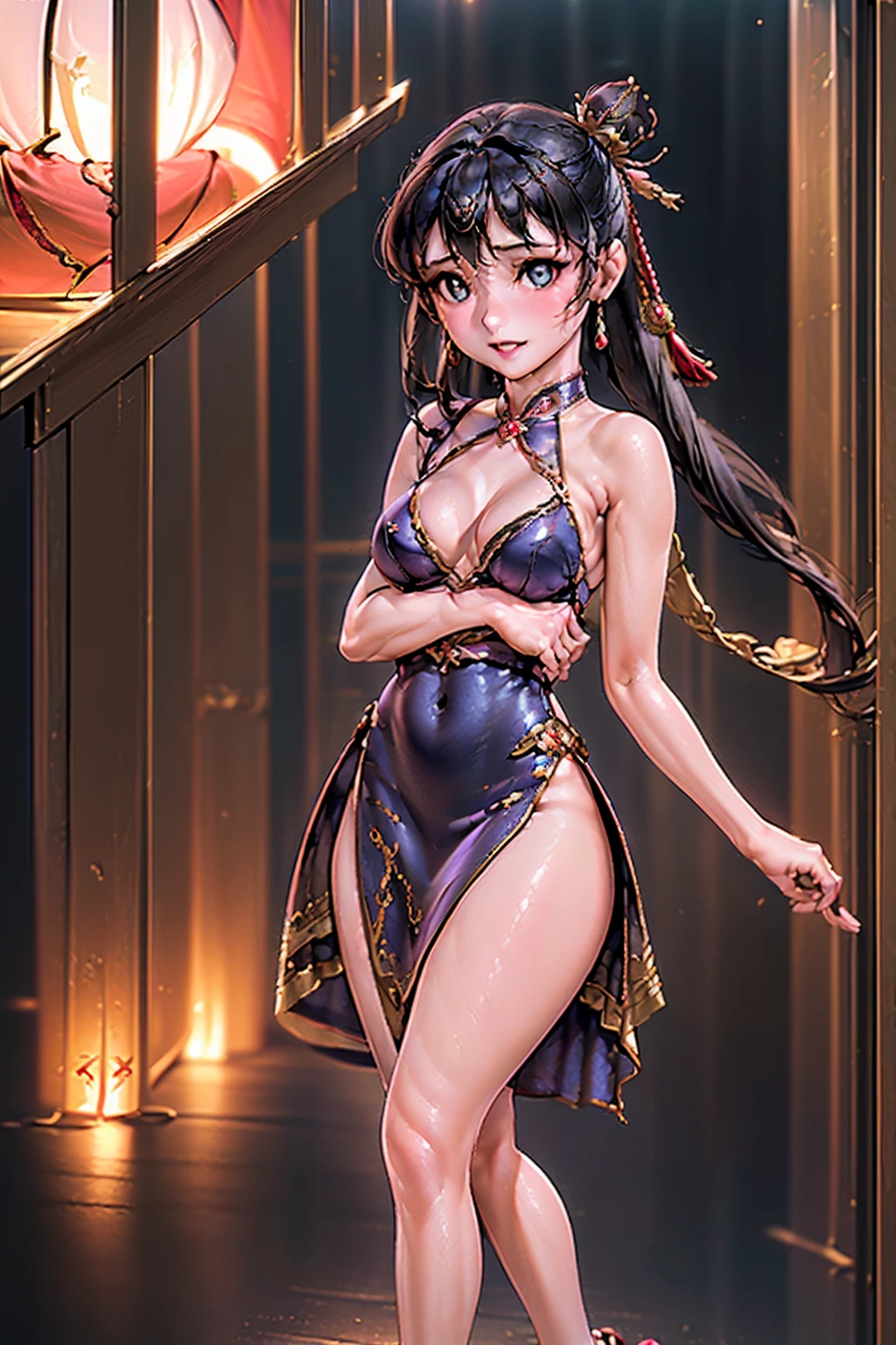 Ultra-realistic 8K CG, beautiful woman, divine beauty, Eyes seductive, make-up, Medium breasts, cleavage showing, oriental costumes, legs showing, posing for a professional photograph,deep v transparent dress