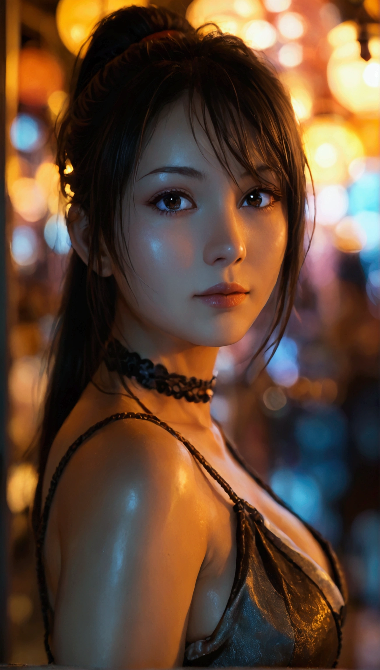 23 years old, big breasts, winter, european cityscape, night, outdoors, wearing a black dress,(half body:2), ((8k, RAW photo, highest quality, debris flies:1.2), (reality, reality的な:1.4), (Highly detailed 8k wallpaper), soft light, Details beauty eye, Shiny and smooth light brown ponytail, shiny skin, super dense skin, High resolution, detailed hairstyle, detailed beauty face, hyper real, perfect limbs, perfect anatomy, 1 Japanese girl, perfect female body, shy smile, short eyelashes, double eyelid, Hair style is ponytail, Realistic Red Sotheby Girl Photo, short bob cut,
