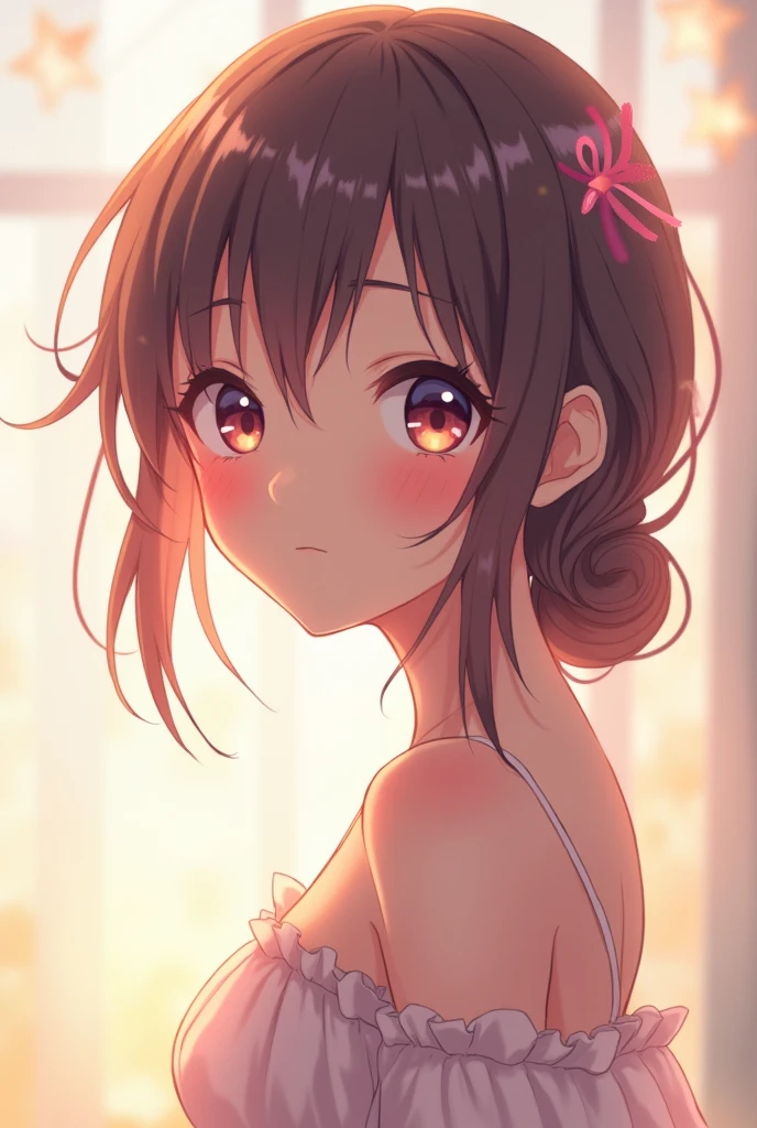 pretty girl, (Brown Hair), ((cute pigtails)), Perfect Face, An innocent smile, Upper Body,(blue eyes), (that), (small), (thin), ((Flat Chest)), ((Only 16)), Very detailed, Attractive oval face, Red lips, pink, Glowing Skin, Thin Hair, Face Focus, thin水色のＴshirt:1.37、Camisole dress、White camisole、thin水色のＴshirt、Chest close-up,((1 girl)), Embarrassed look,