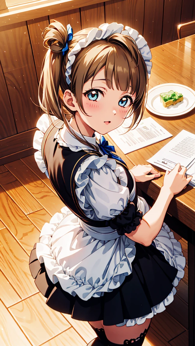 Minami Kotori, one side up, Hairband, Masterpiece quality, high resolution, unity 8k wallpaper, illustration, Delicate eyes, Rich facial details, Highly detailed CG, Glossy lips, Light makeup, maid, Short puff sleeves, small maid apron, Thigh high socks