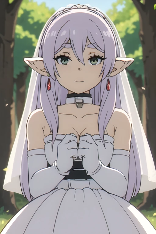 defCorrin, hair between eyes, ahoge, red eyes, pointy ears, white hair, star \(symbol\), hair ornament, dress, cleavage, bare shoulders, collarbone, long white elbow gloves, white gloves, white dress, white choker, strapless, tiara, veil, strapless dress, wedding dress, bridal veil, beautiful woman, perfect body, perfect breasts, wearing a wedding dress, ball gown, in the park trees, wedding decorations, a in love smile, realism, masterpiece, textured skin, super detail, high detail, high quality, best quality, 1080p, 16k